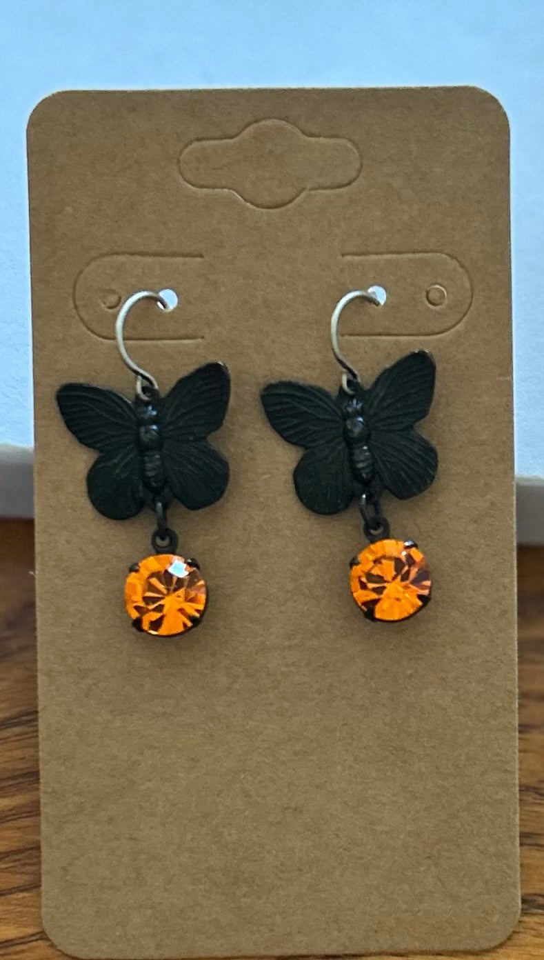 Black Butterfly Earrings with Orange Sun Rhinestone Drops ~ Hypoallergenic and Nickel Free|1324