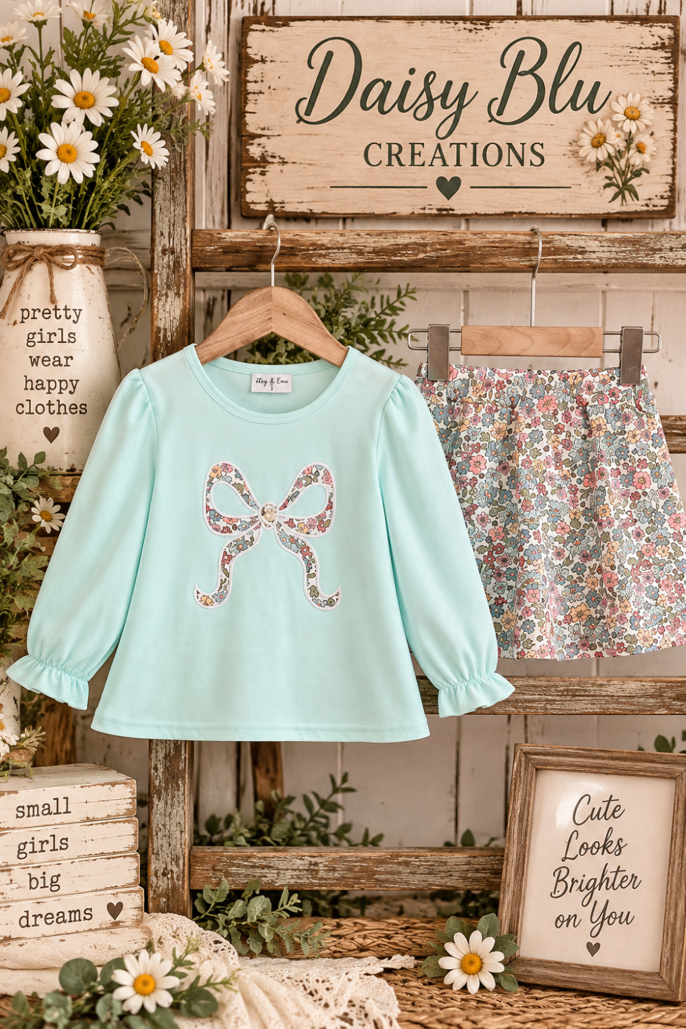 Blue Floral Bow Applique Skorts Set|3702