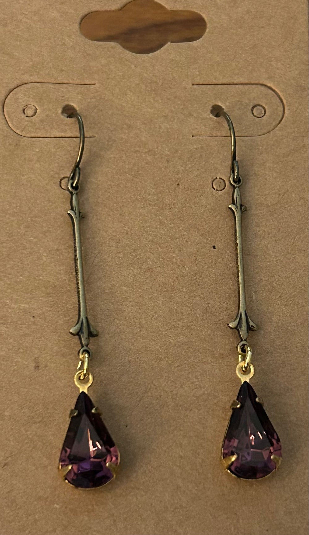 Bar Earrings With Vintage Dark Amethyst Teardrop Stones~Hypoallergenic & Nickel Free|944