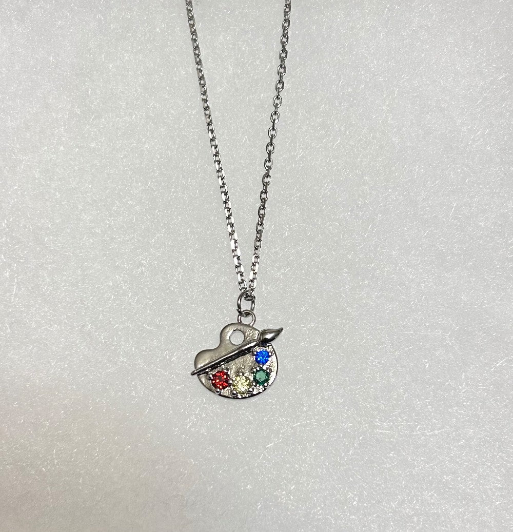 Silver Tone Painter’s Pallet Pendant Necklace-18”Tarnish Resistant Stainless Steel Chain|3994