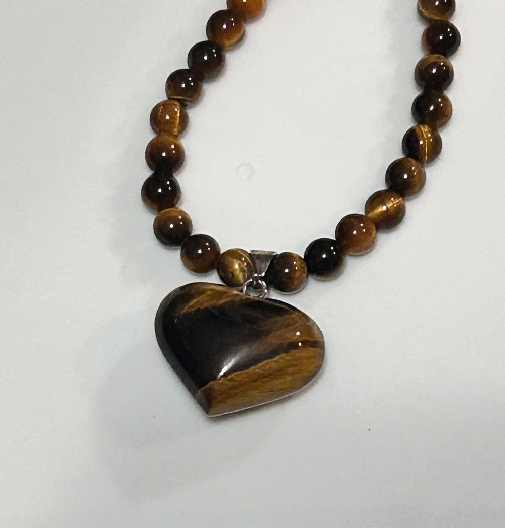 Tiger Eye Natural Stone Heart Pendant Necklace-16” Natural Stone Necklace with a 2” Extension Chain|3864