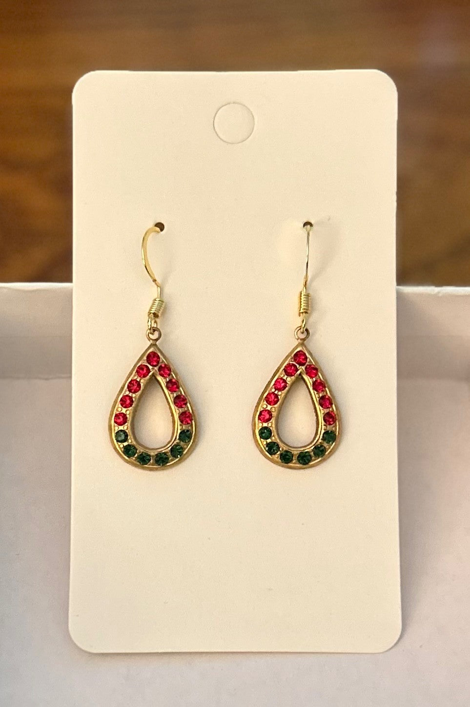 Teardrop Earrings With Red And Green Rhinestones ~ Hypoallergenic & Nickel Free|970