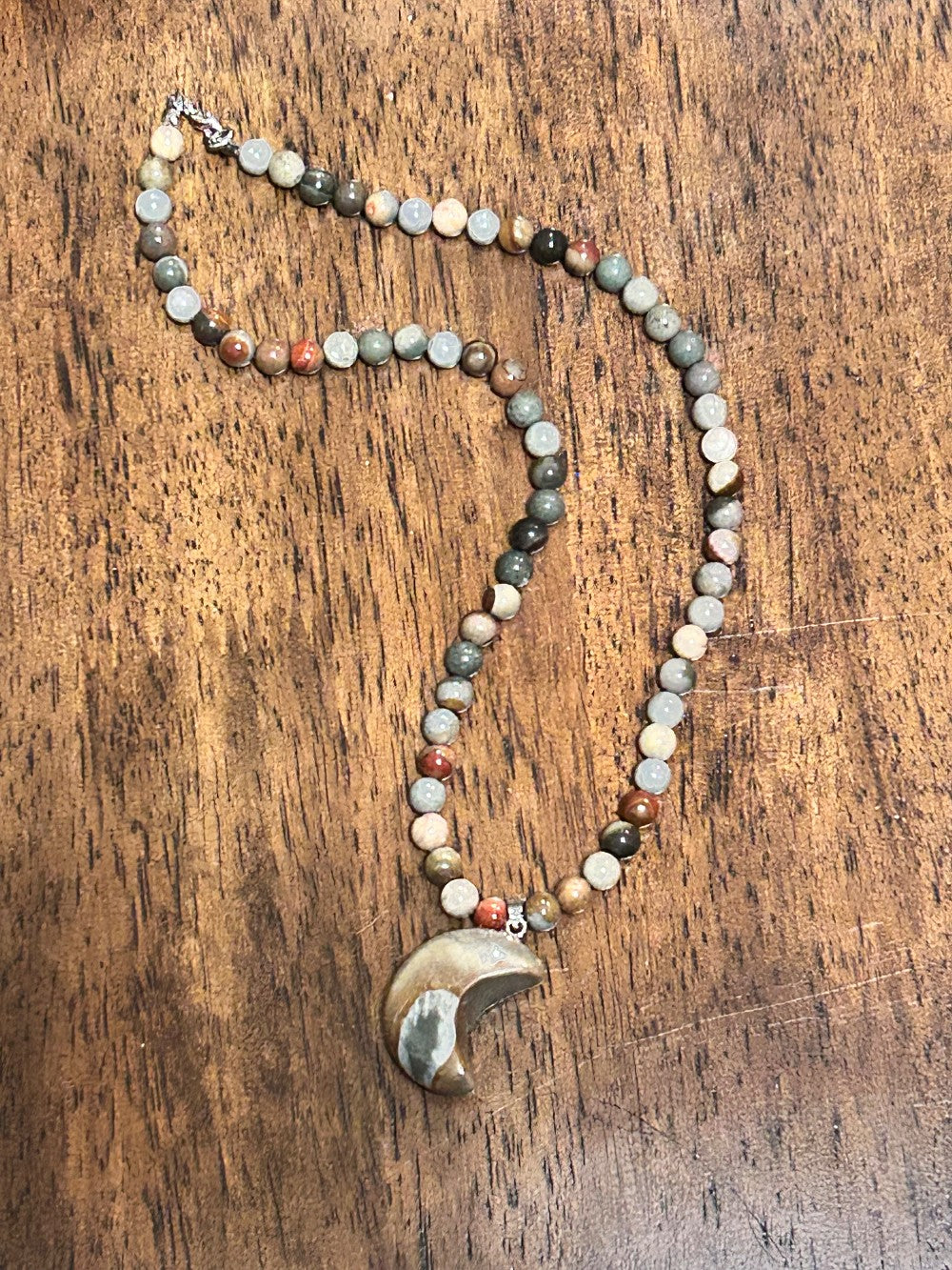Landscape Jasper Natural Stone Moon Pendant Necklace-Hand Strung 18” Necklace|3857
