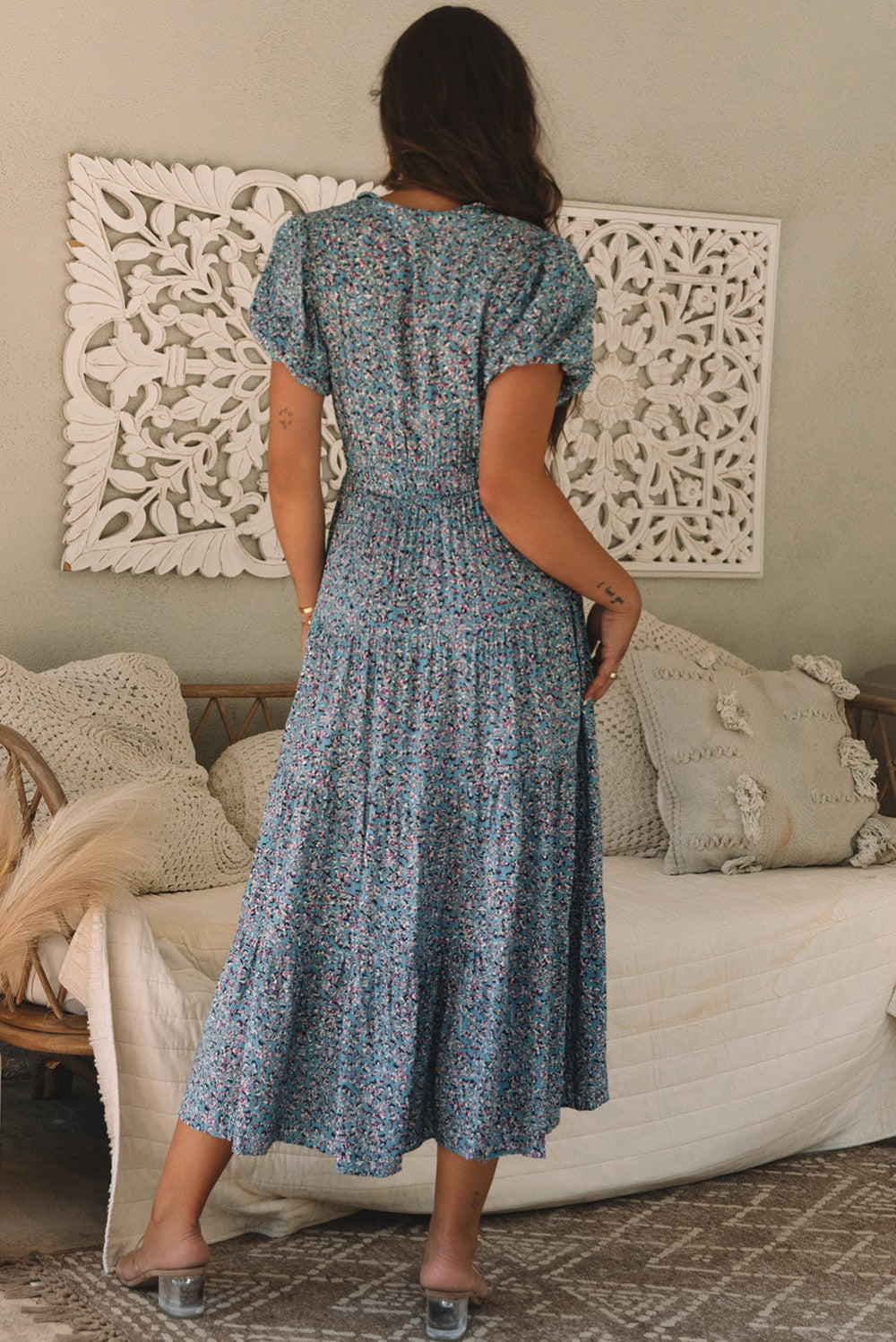 Blue V Neck Shirred Maxi Dress|2211