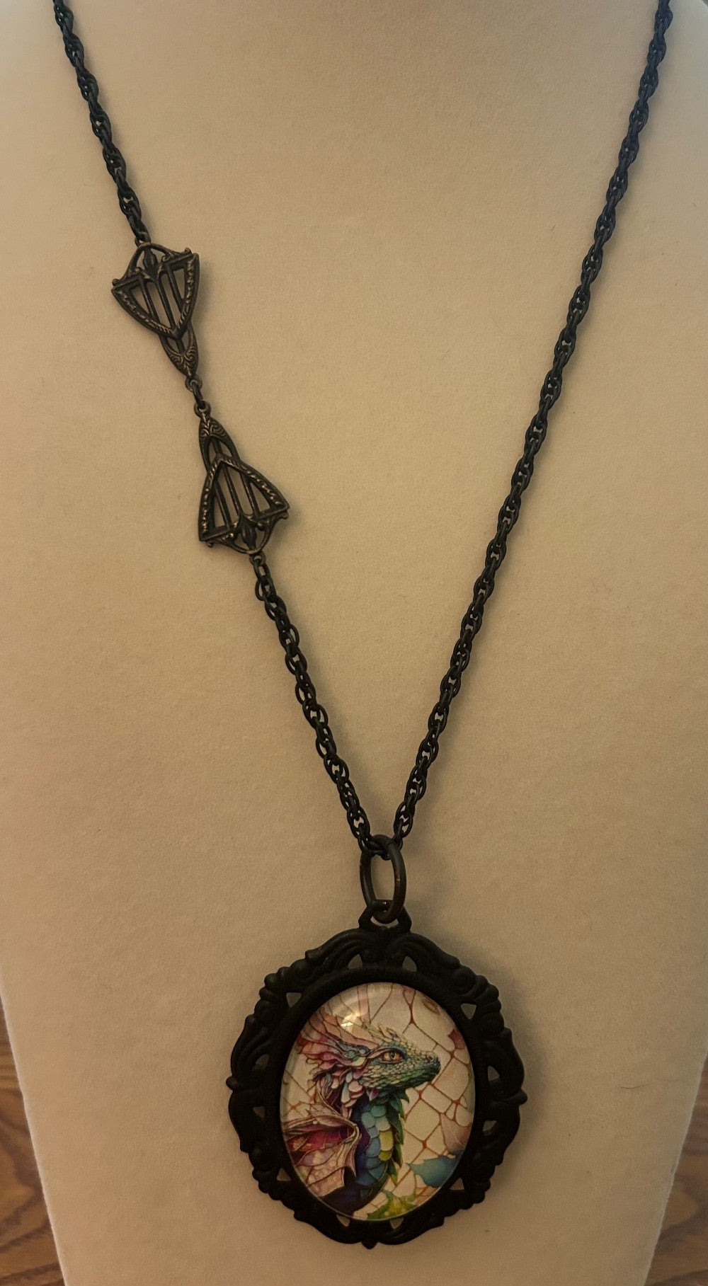 Dragon Pendant/Brooch Cabochon ~ with a 22” embellished Black Chain|870