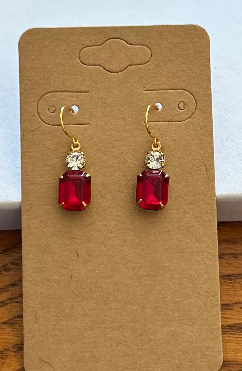 Vintage Austrian Siam Red and Clear Crystal Rhinestone Double Drop Earrings ~ Hypoallergenic and Nickel Free|1342