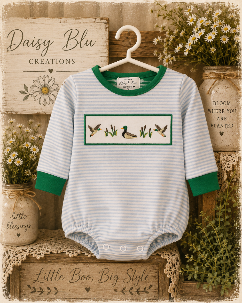 Green Duck Embroidery Stripe Bubble|3674