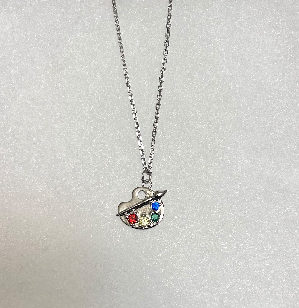 Silver Tone Painter’s Pallet Pendant Necklace-18”Tarnish Resistant Stainless Steel Chain|3993
