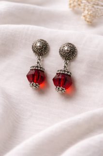 Red Dangle Earrings w/ silver Filigree - DBC|2344