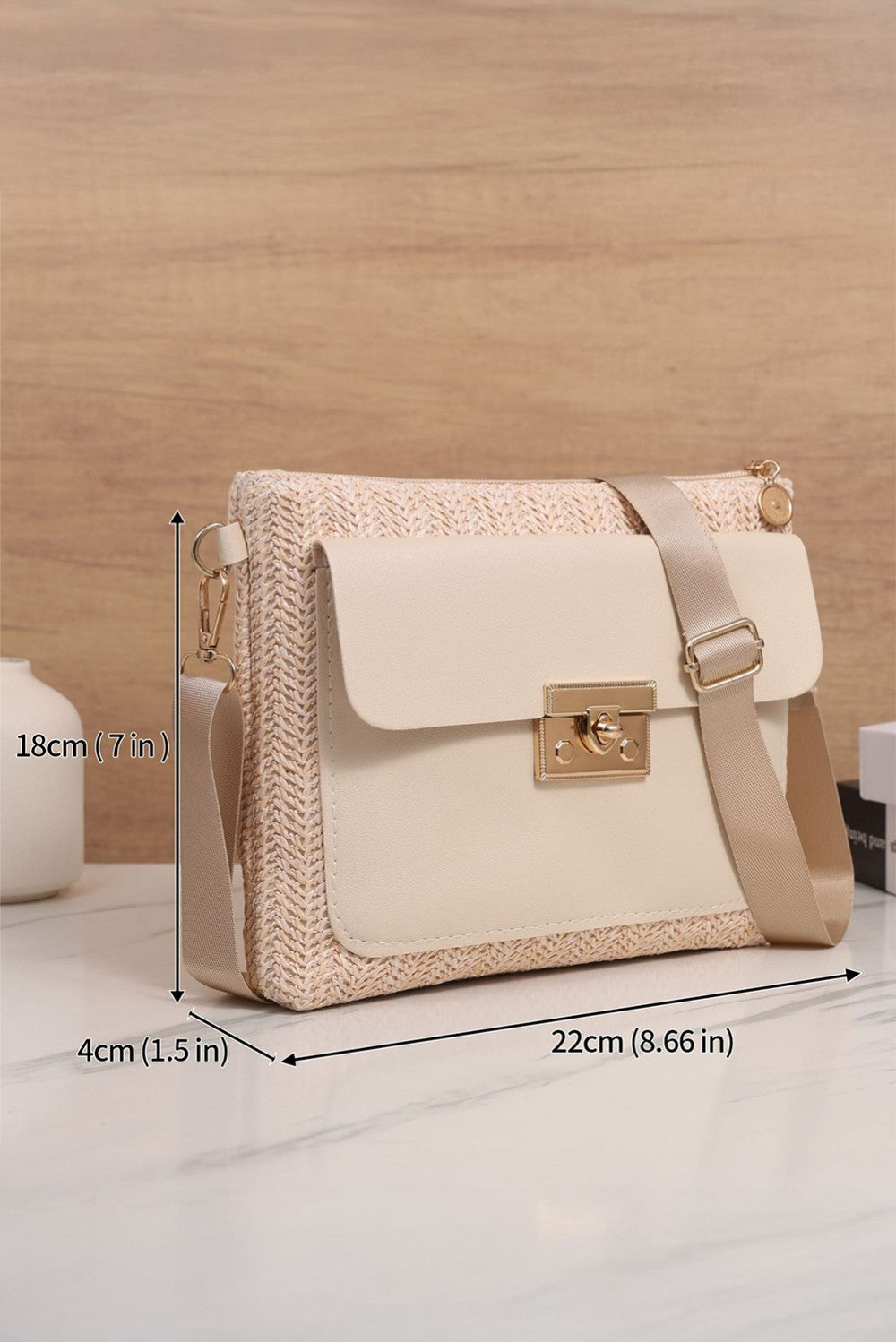 Beige Faux Leather Woven Straw Shoulder Bag|2277