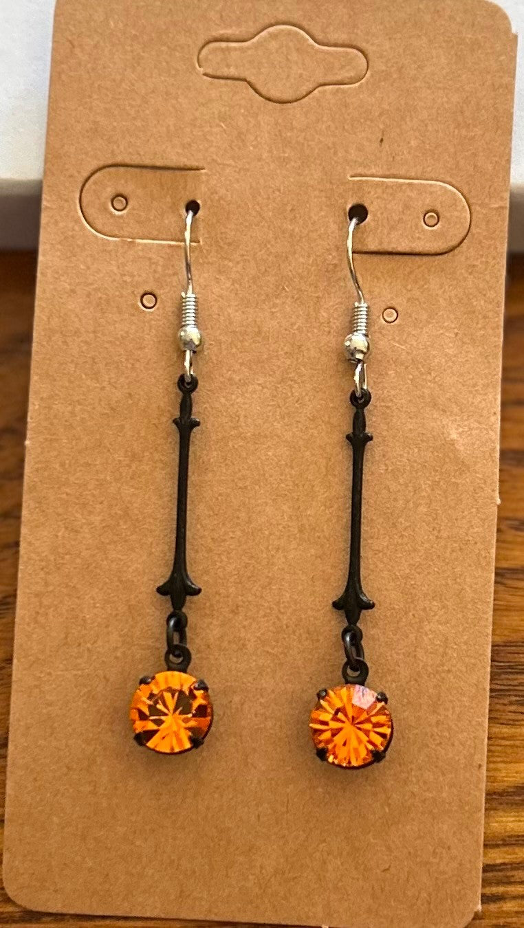 Black Bar Earrings with Orange Sun Rhinestone Drops ~Hypoallergenic and Nickel Free|1334