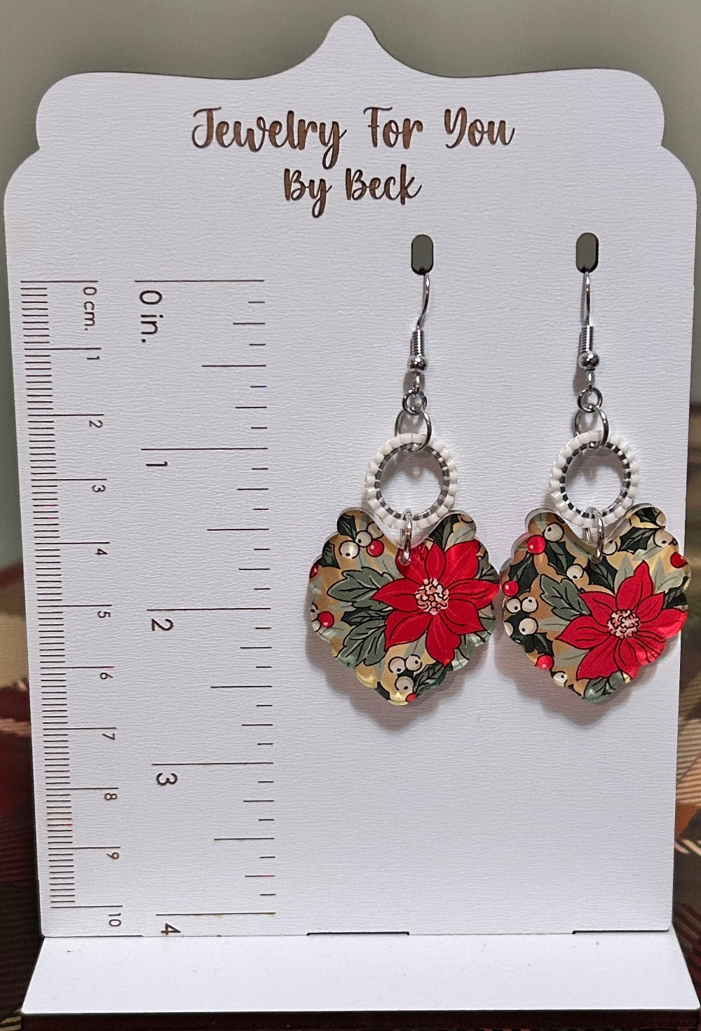 Red Poinsettia and Berries Dangle Earrings-Hypoallergenic and Nickel Free|3933