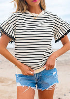 Black Stripe Scallop Lace Trim Ruffle Top|3030