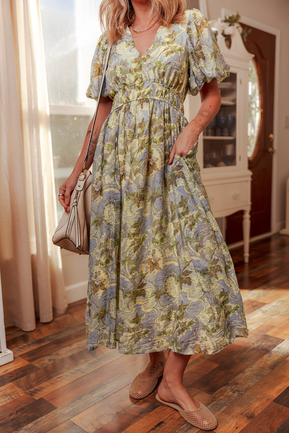 Vintage Floral Puff Sleeve Maxi|2238