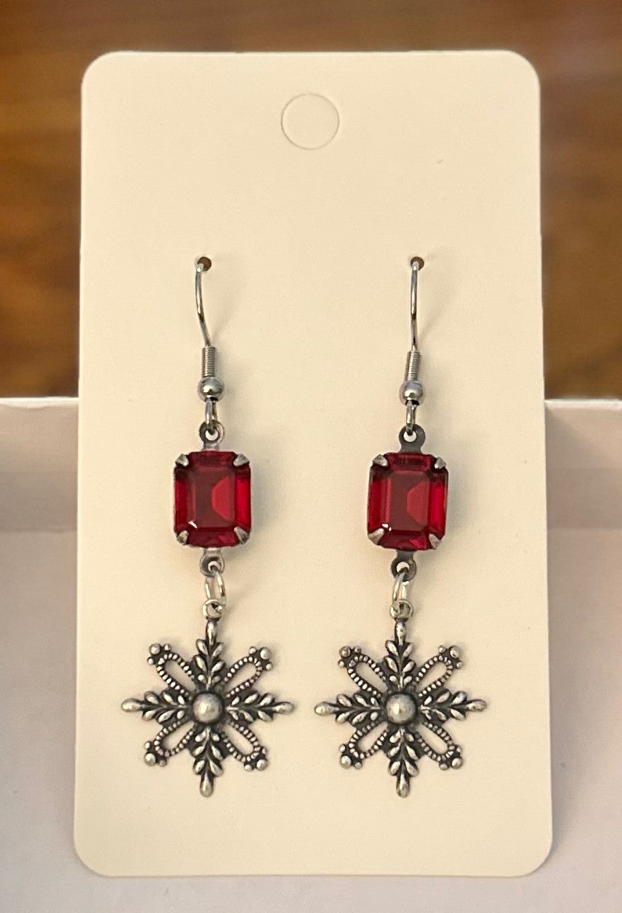 Antique Silver Tone Snowflake Earrings With Ruby Red Octagon Stones ~ Hypoallergenic & Nickel Free|964