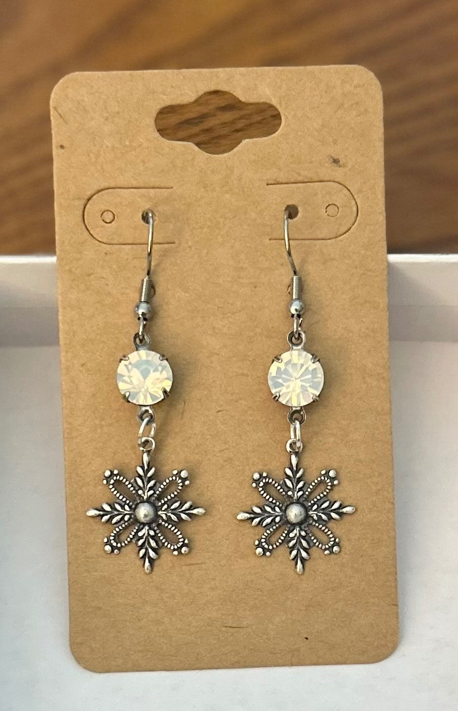 Vintage Inspired Antique Silver Tone Snowflake Earrings With Opal White Faceted Stones~Hypoallergenic &Nickel Free|956