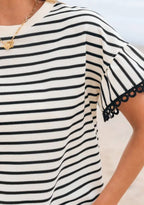 Black Stripe Scallop Lace Trim Ruffle Top|3029