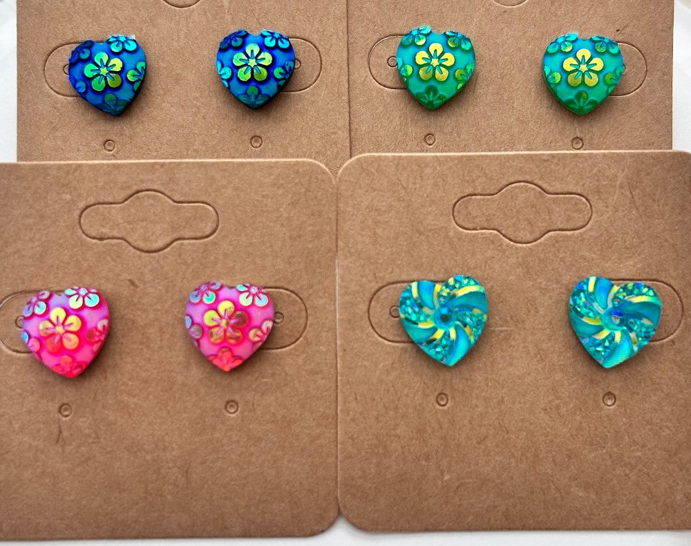 Colorful Heart Stud Earrings-Blue(floral)Teal(floral)Light Blue(swirl) or Pink-Hypoallergenic and Nickel Free|3246