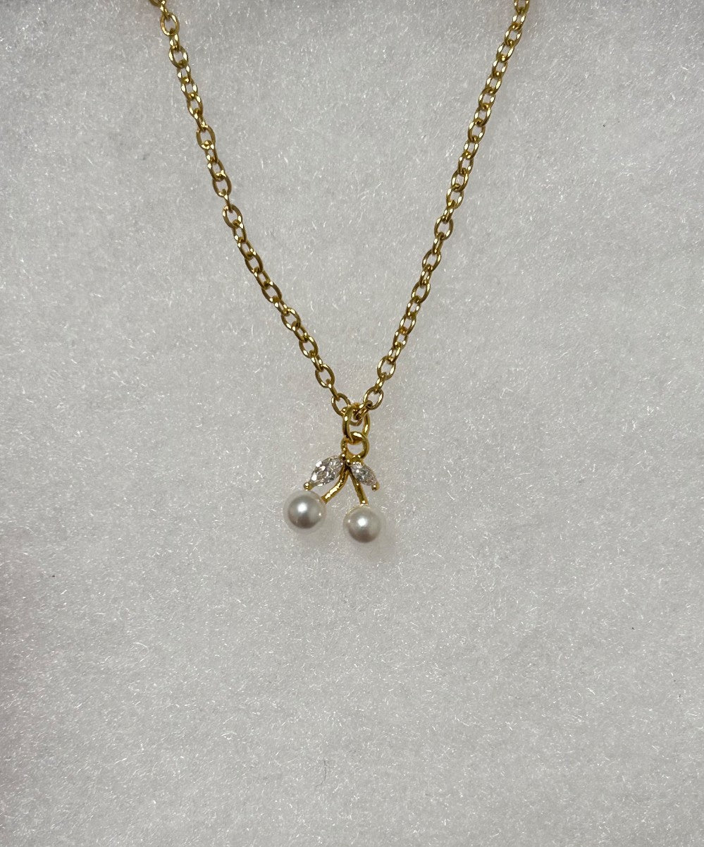 Dainty Pearl Cherries Pendant Necklace-Faux Pearls and CZ Stones-18” Tarnish Resistant Stainless Steel Chain|3340