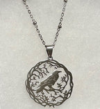 Round Ornate Raven Pendant Necklace-20” Tarnish Resistant Stainless Steel Chain|3990