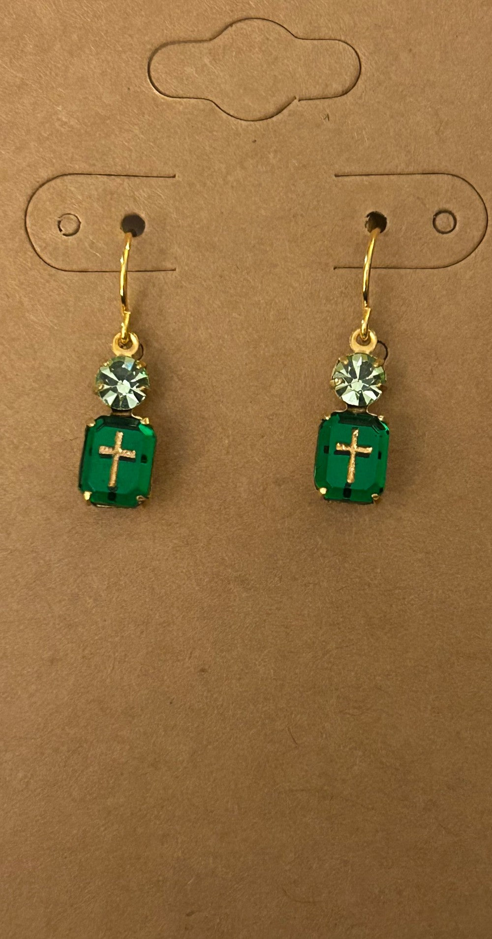 Vintage Intaglio Cross Cameo and Rhinestone Earrings Earrings ~ Emerald Green~Hypoallergenic and Nickel Free|1356