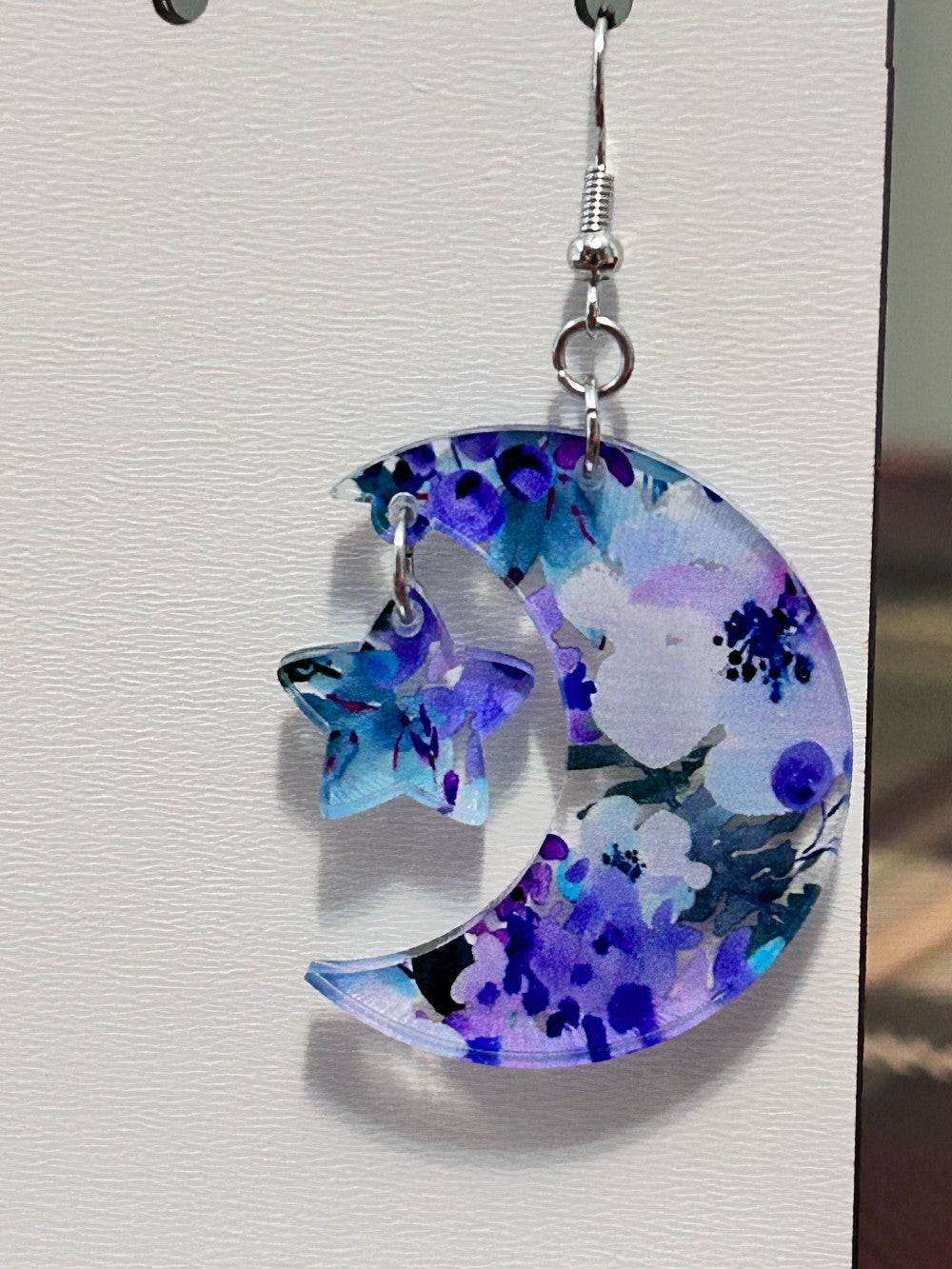 Unique Blue and Purple Floral Moon and Stars Earrings-Hypoallergenic and Nickel Free|3777