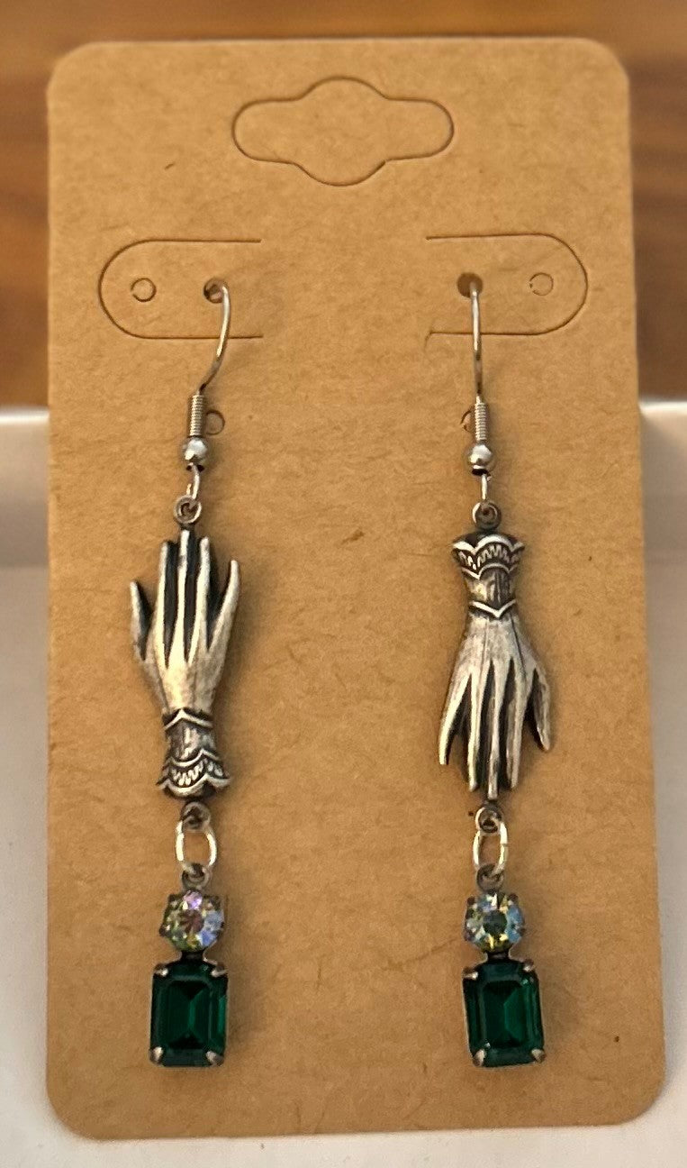 Vintage Stone Victorian Glove Earrings With Emerald Green And AB Chrysolite Rhinestones ~ Hypoallergenic & Nickel Free|940