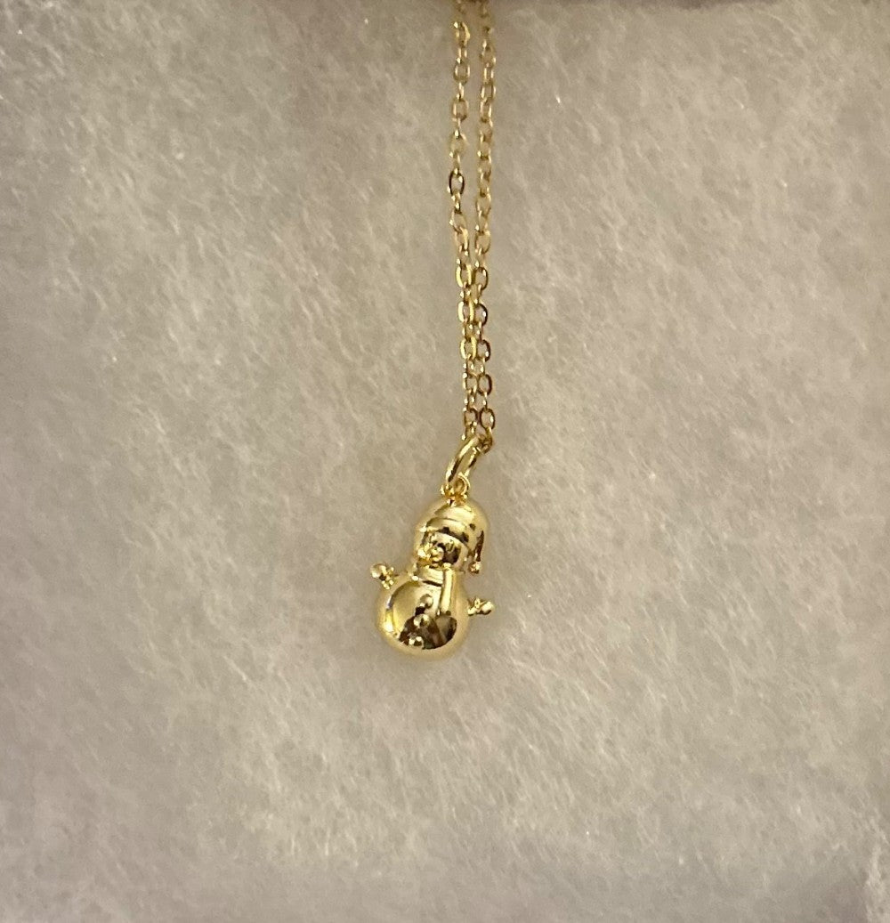Snowman Wearing a Santa Hat Necklace~ 18” Gold Tone Tarnish Resistant Stainless Steel Chain|1534