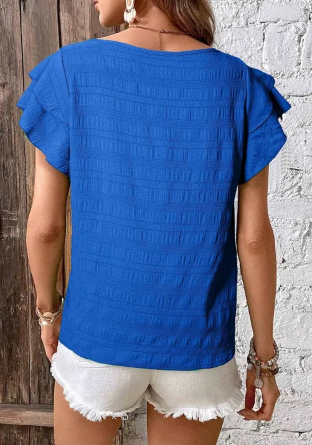 Textured Ruffled Sleeve Round Neck Top|3024