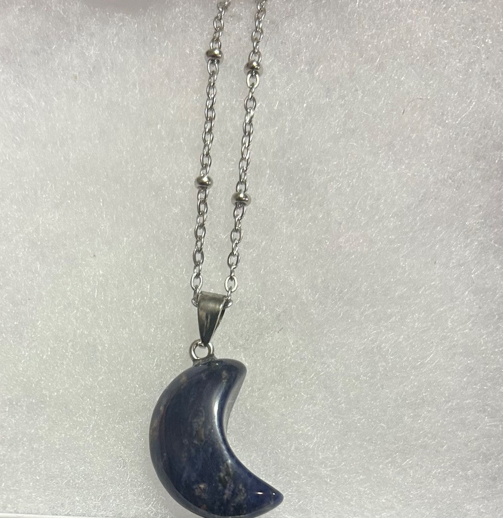 Blue Lapis Moon Pendant Necklace-Natural Stone Moon Pendant-22”Stainless Steel Chain|3896