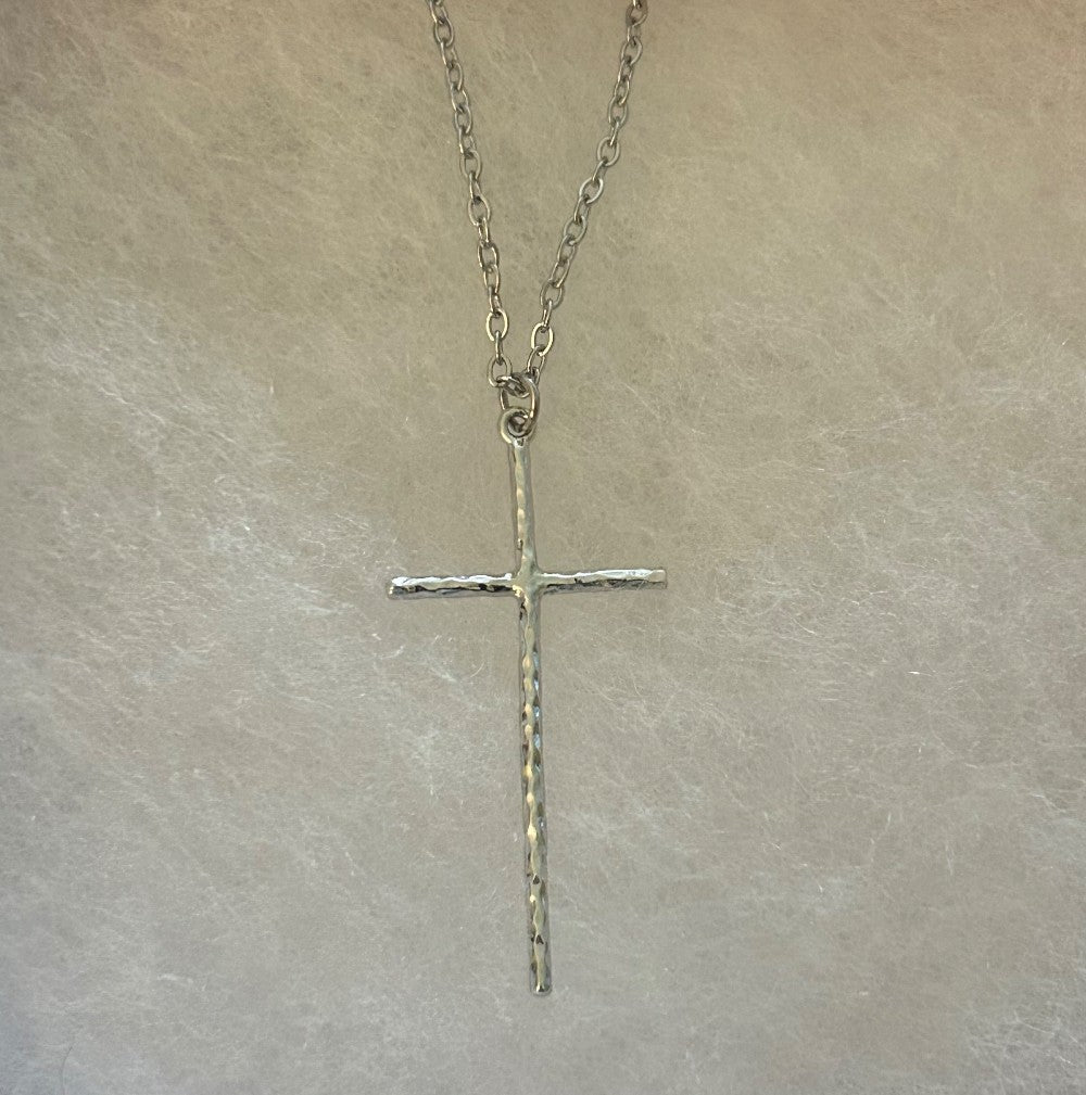 Long Thin Hammered Cross Necklace ~ Silver Tone Stainless Steel ~ 18” Tarnish Resistant Stainless Steel Chain|1545