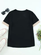 Black Lace Trim V Neck Short Sleeve Blouse|3001