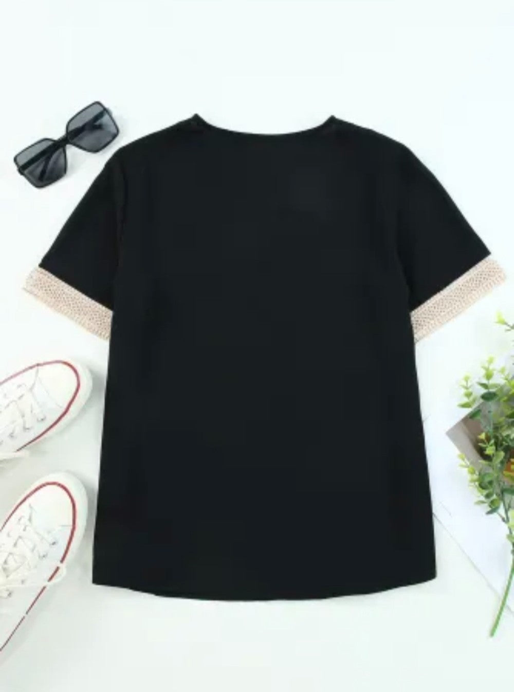 Black Lace Trim V Neck Short Sleeve Blouse|3001