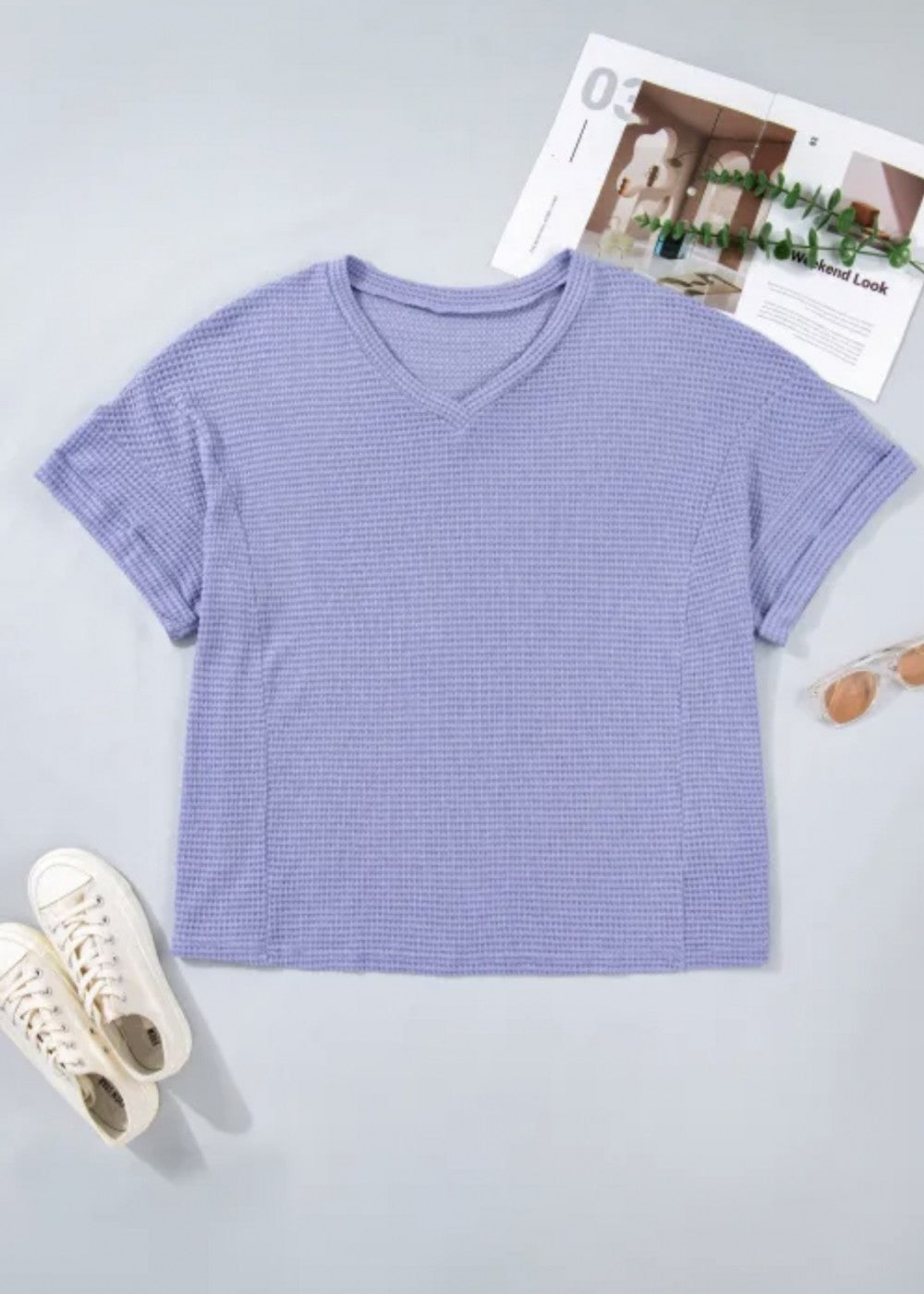 Wisteria V Neck Short Sleeve Waffle Knit Top|3042