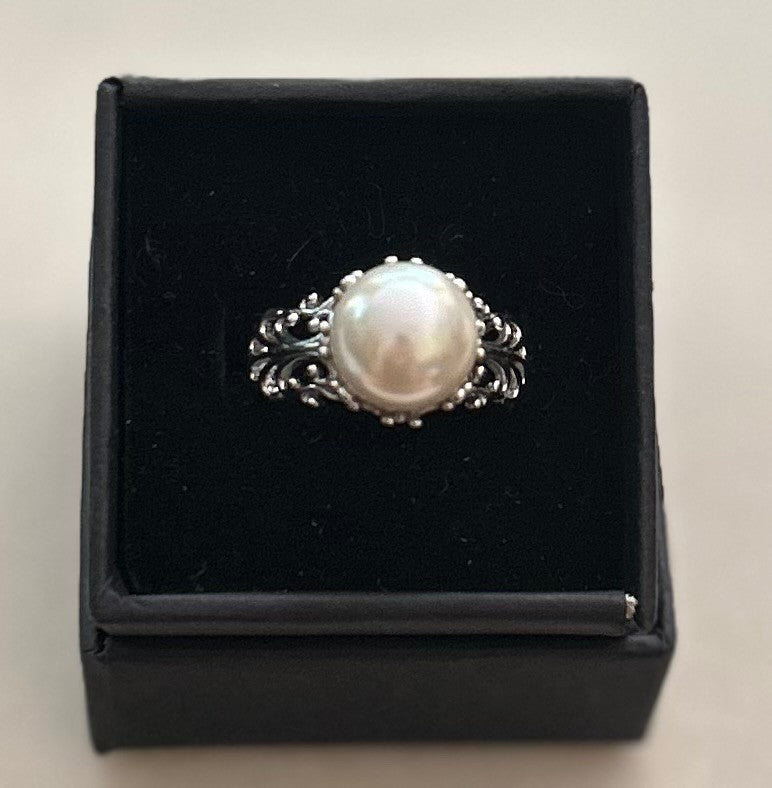 A Large Mother Of Pearl Bead In An Ornate Sterling  Silver Ring Setting ~ Setting Is Adjustable|881