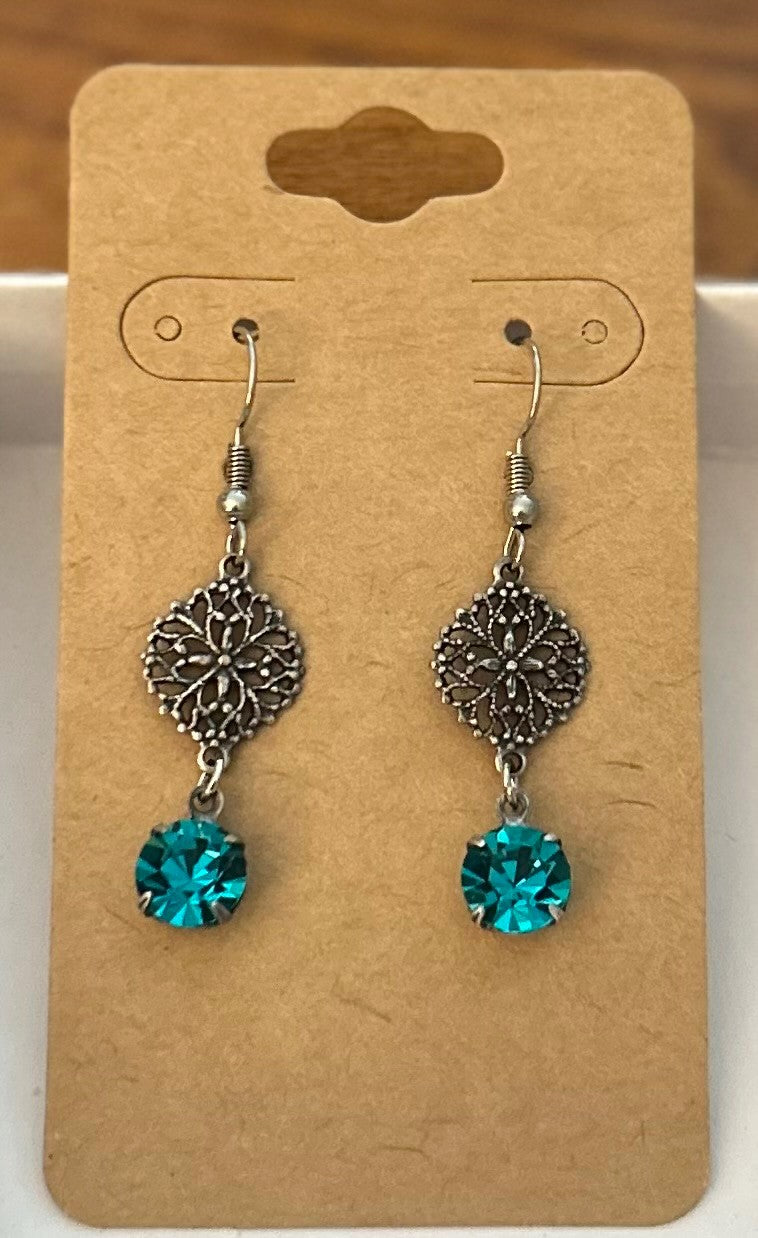 Gorgeous Blue Zircon Rhinestone Earrings with Vintage Inspired Antique Silver Tone Floral Filigree Connectors~Hypoallergenic & Nickel Free|942