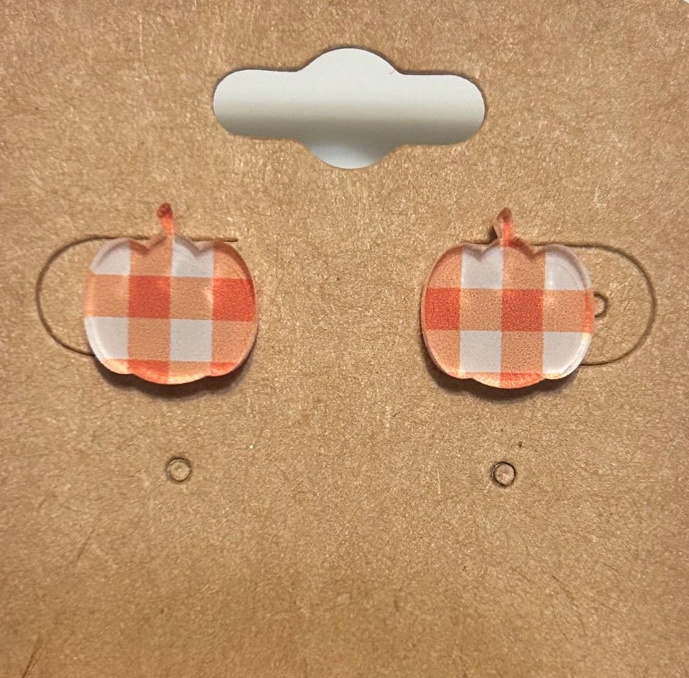 Orange Gingham Pumpkin Stud Earrings-Hypoallergenic and Nickel Free|3911