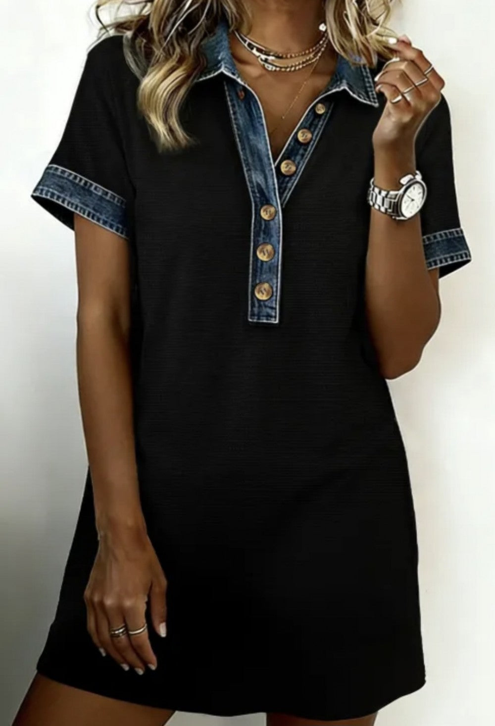 Black Waffle Knit Denim Trim Dress|3050