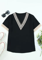 Black Lace Trim V Neck Short Sleeve Blouse|3002