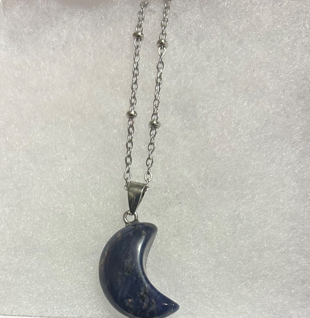 Blue Lapis Moon Pendant Necklace-Natural Stone Moon Pendant-22”Stainless Steel Chain|3897
