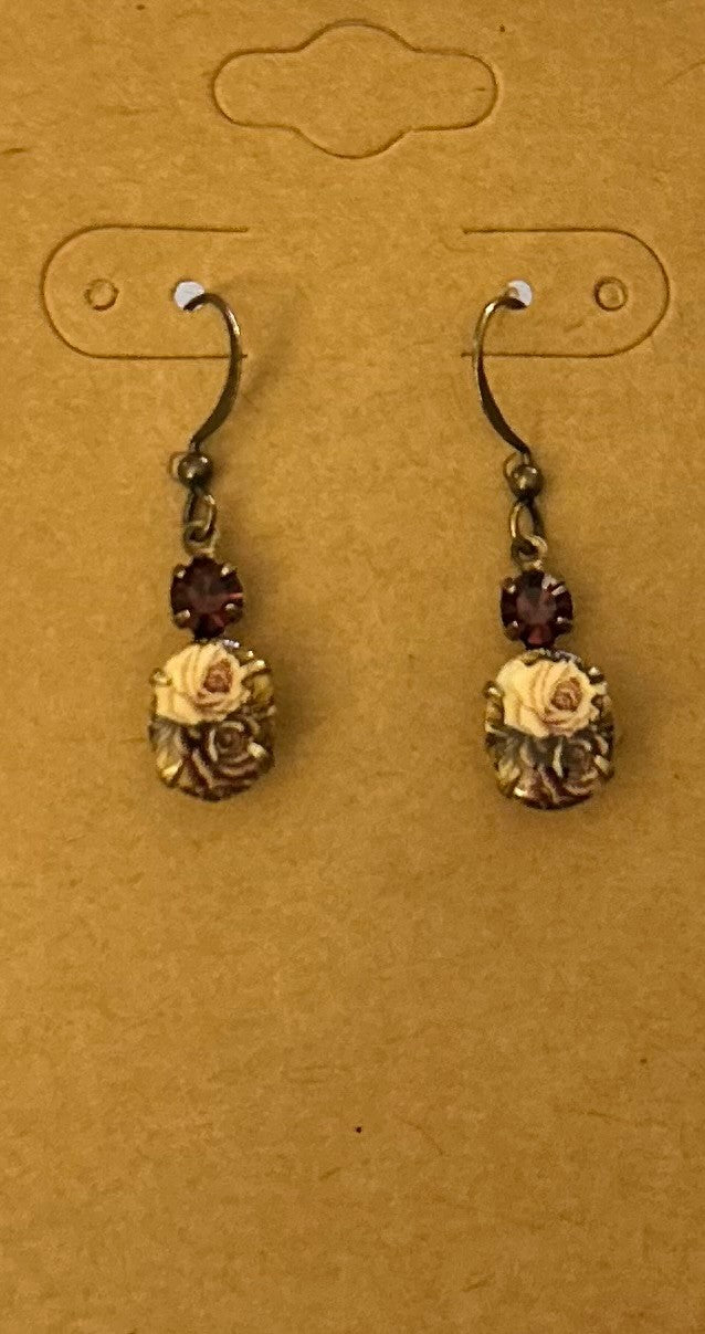 Vintage Pink and Amethyst Rose Cameo Cabochon Earrings with tiny Amethyst Rhinestones ~ Hypoallergenic and Nickel Free|1370