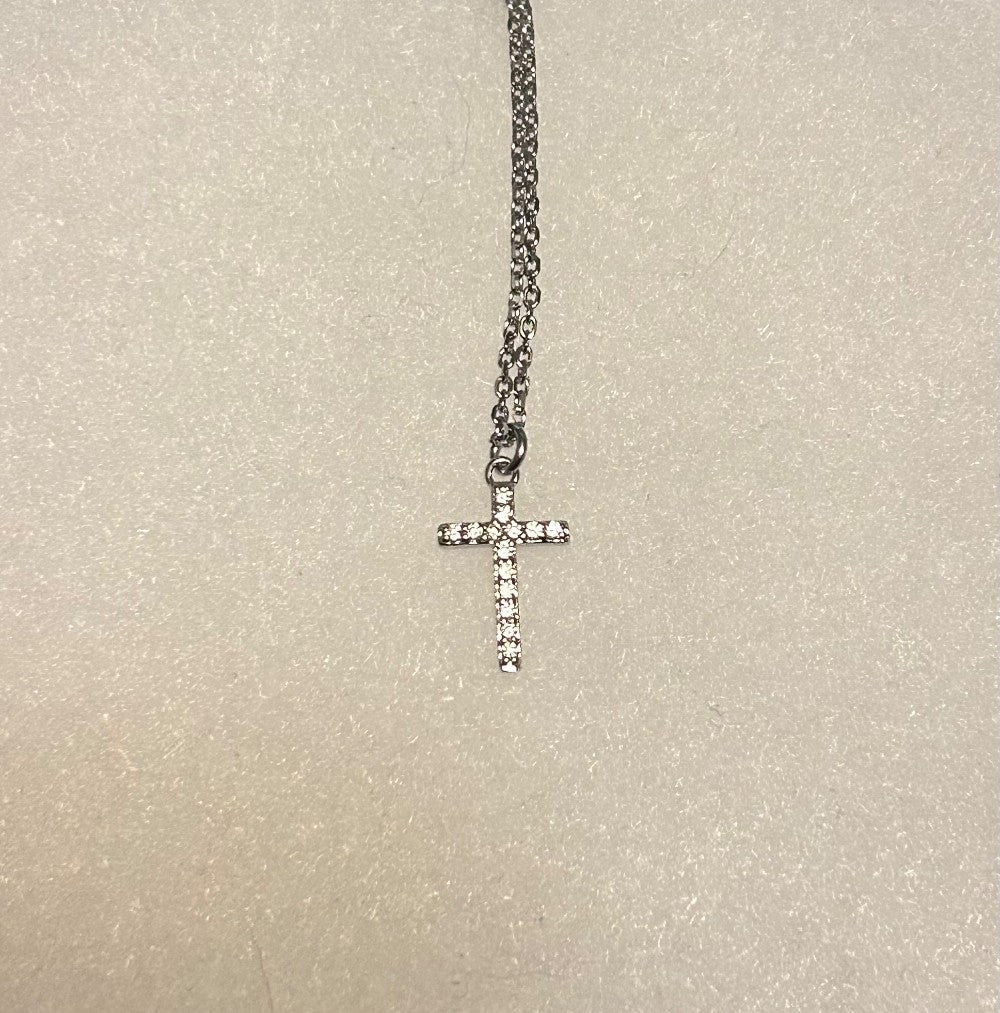 Dainty Cross Pendant Necklace with Tiny CZ Stones ~18” Silver Tone Tarnish Resistant Stainless Steel Chain|3907