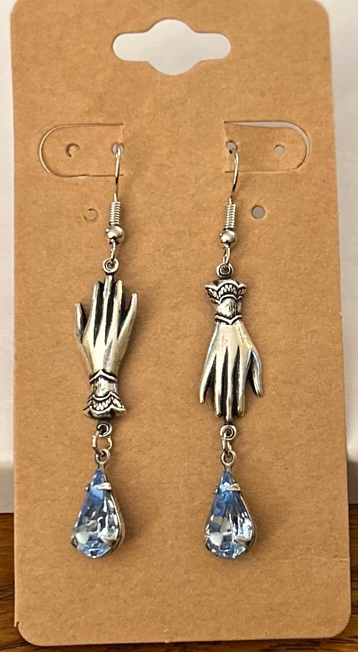 Vintage Inspired Antique Silver Tone Victorian Glove Earrings with Vintage Light Sapphire Teardrop Rhinestones ~Hypoallergenic and Nickel Free|1363