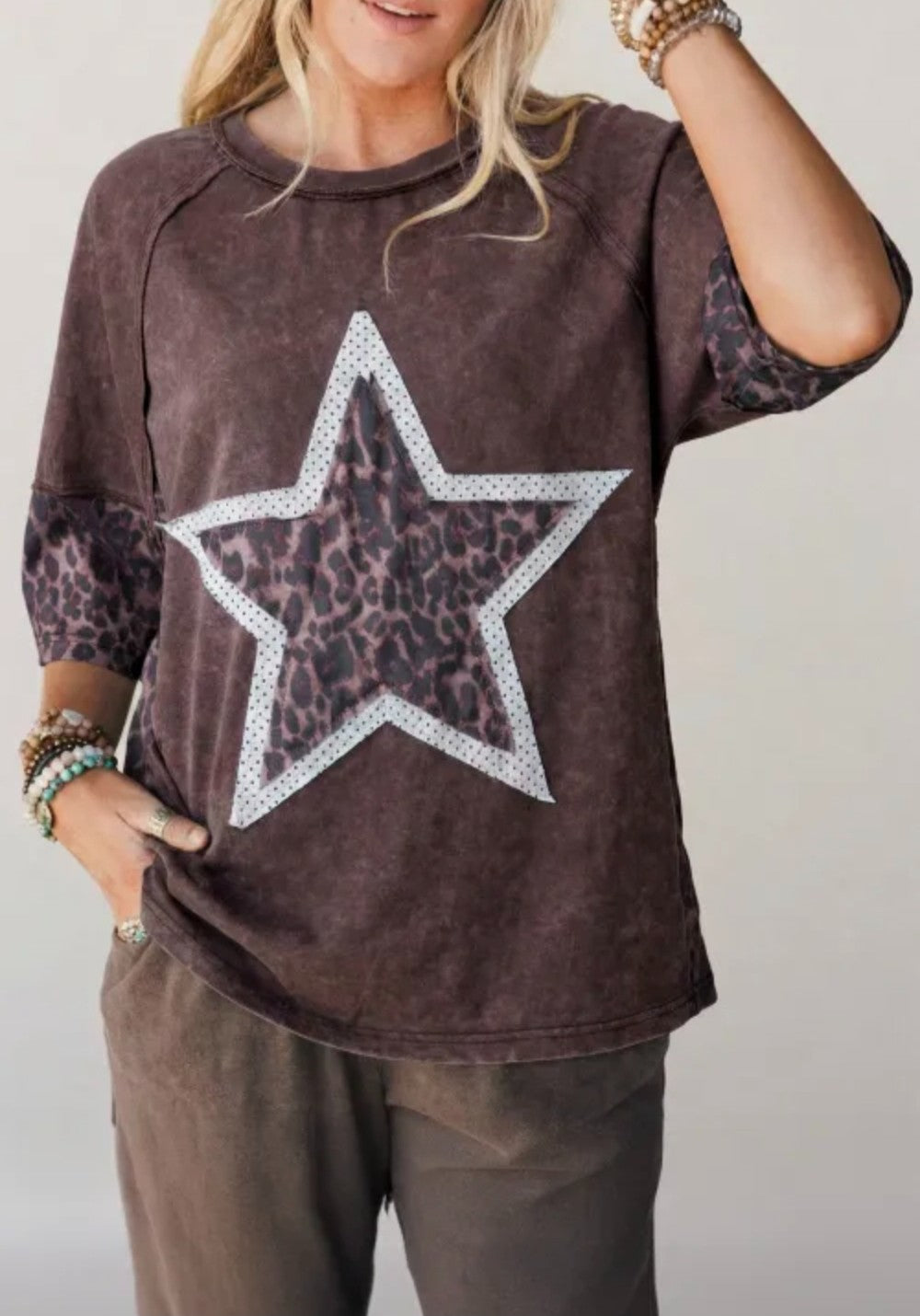 Coffee Mineral Wash Leopard Star  T Shirt|2997