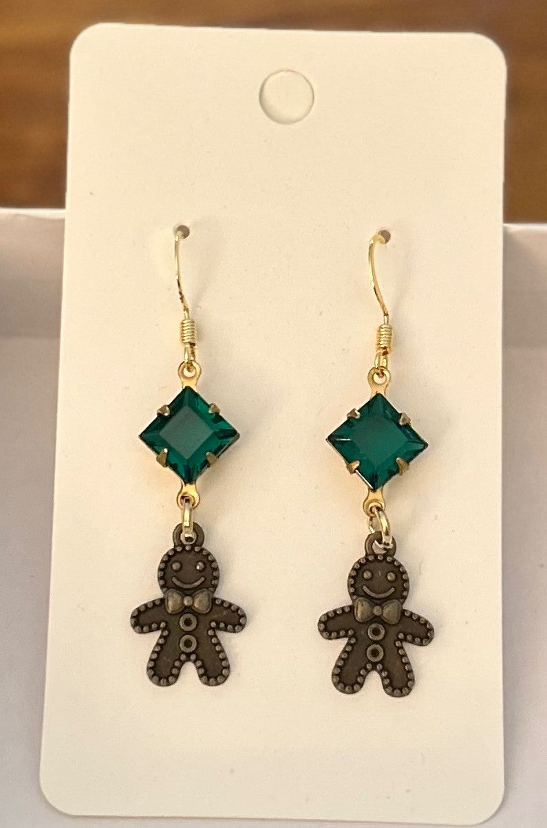Festive Gingerbread Man Earrings With Emerald Green Stones~ Hypoallergenic & Nickel Free|963