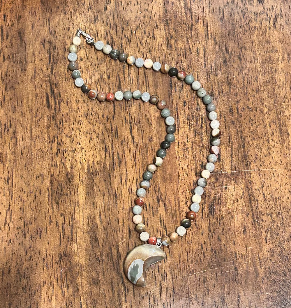 Landscape Jasper Natural Stone Moon Pendant Necklace-Hand Strung 18” Necklace|3856