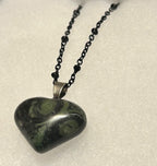 Kambaba Jasper Natural Stone Heart Pendant Dangles From A 24” Tarnish Resistant Black Stainless Steel Chain|3894