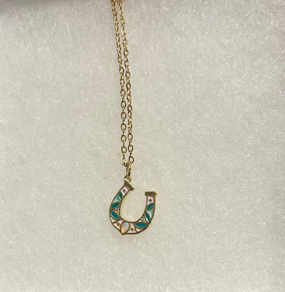 Delicate Ornate Horse Shoe Pendant Necklace-Tiny Opal and Epoxy Detailing-18” Tarnish Resistant Chain|3868