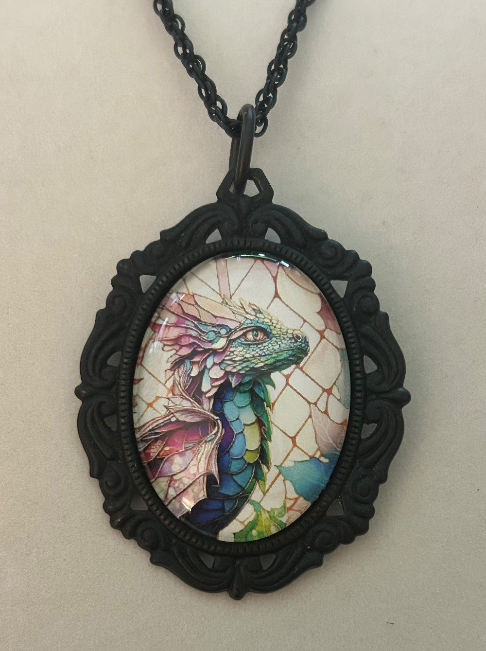 Dragon Pendant/Brooch Cabochon ~ with a 22” embellished Black Chain|869