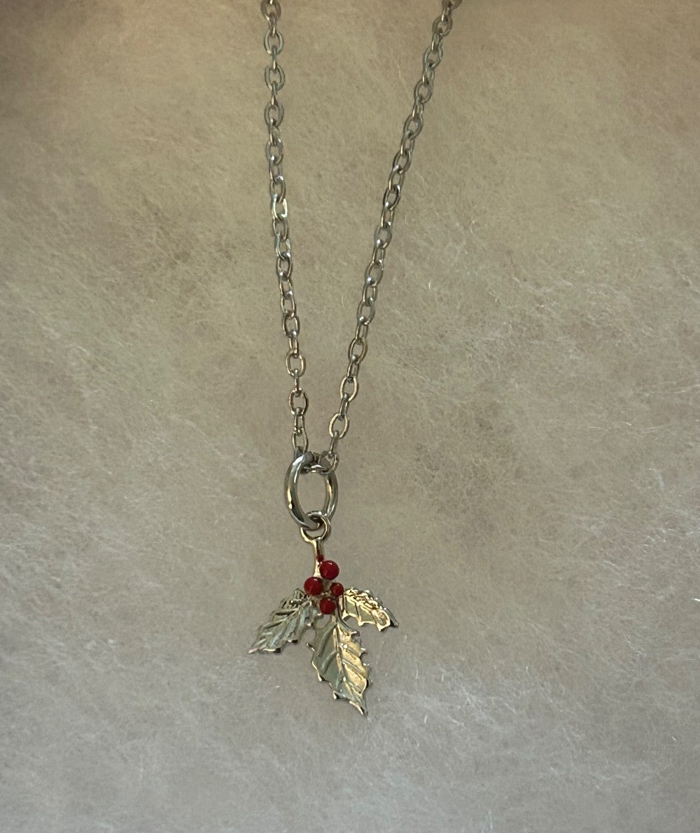 Silver Tone Holly Leaf with Red Berries Necklace ~ 18” Tarnish Resistant Stainless Steel Chain|1548